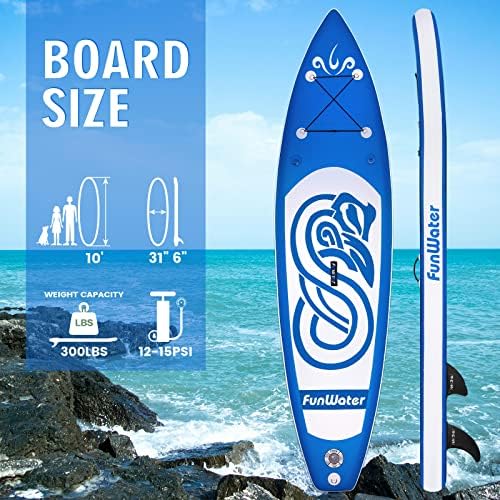 Funwater Sup inflável Stand Up Paddle Board 10'x31''x6 '' Ultra-Light Inflatable Paddleboard com acessórios de ISUP, barbatanas, raquete ajustável, bomba, mochila, trela, bolsa de telefone à prova d'água, assento de caiaque