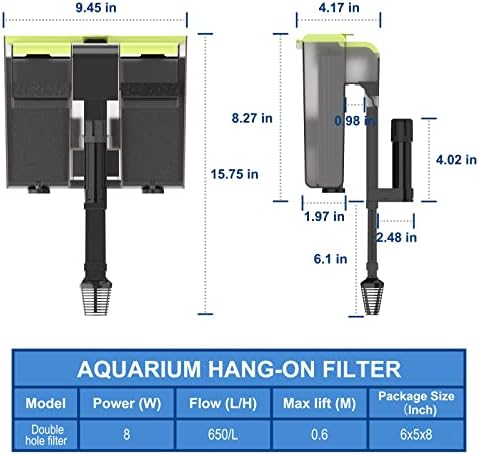 Insputor Filtros de tanque de peixes de 170 Gph, pendurados no filtro de tartaruga, filtro de aquário de filtração