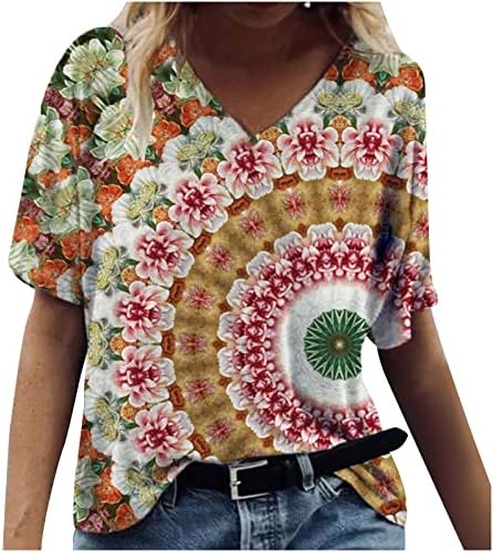 Mulheres Mangas curtas Tops camisas florais Casual Casual V Tees gráficos de moleto