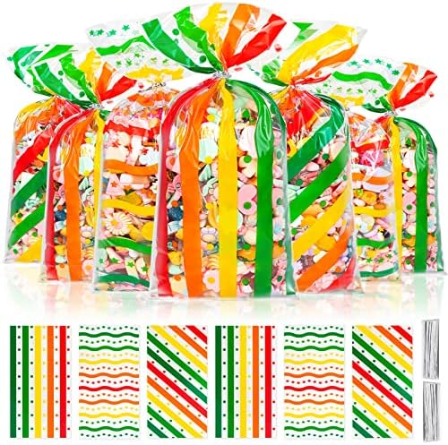 Sacos de tratamento de celofane, 210pcs Candy Favor Bags Iridescence Wave Stripes com 210 laços de torção de prata para crianças