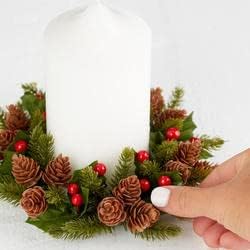 Anéis de vela de pinheiro e pineco de inverno artificiais | Conjunto de 2 anéis de vela de Natal