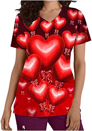 Mulheres do Dia dos Namorados Scrub_tops com bolsos de manga curta Moda de impressão