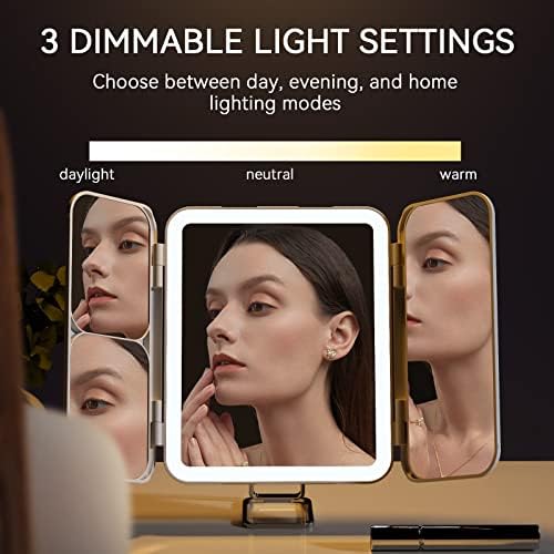 Espelho de maquiagem iluminado recarregável Vevetec, espelho portátil de vaidade LED, diminuição, ampliação da lupa 1x/3x/7x, controle