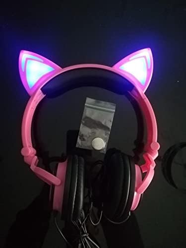 Fones de ouvido de filhos de olyre fofos com orelha de gato piscando LED, dobrável sobre os fones de ouvido de cosplay para adolescentes meninos, compatíveis para ipad tablet iPhone iPhone Android Mobile Phones