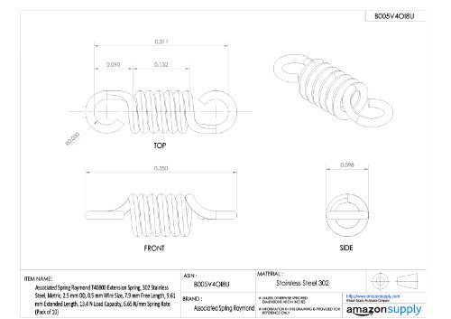 Mola associada Raymond T40800 primavera de extensão, 302 aço inoxidável, métrica, 2,5 mm OD, tamanho do fio 0,5 mm, comprimento livre