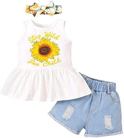 Camidy Toddler Girls Gunflower Roupas sem mangas do colete floral Top de jeans roupas de verão