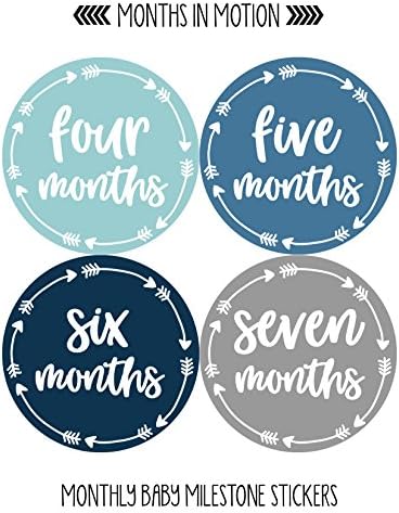 Meses in Motion Baby Monthly Stickers - Baby Milestone Stickers - Adesivos de menino recém -nascido - adesivos de mês para menino - adesivos de menino - adesivos de marco mensal recém -nascido - conjunto de 20