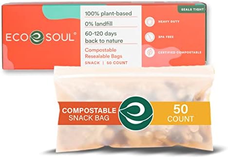 Sacos de lanches compostáveis ​​ECO Soul [50 contagens] [3,4 x7] sacolas selvagens para comida, sacos de congelador, sacos zip ecológicos, sacolas biodegradáveis ​​reutilizáveis