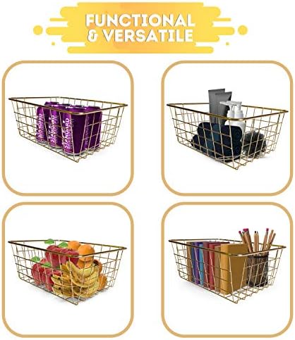 Vish 6 cestas de arame de ouro - pacote de 6, artesanato de decoração de armazenamento, conjunto de cestas organizadoras de cozinha, ótimo para casa, banheiro, armário, organização de despensa, mesas e bancadas, escritório | Grande