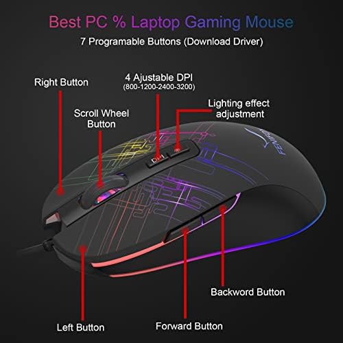 Mouse com fio Fenifox Gaming Rainbow iluminada mouse ergonômico com botões programáveis ​​Ratos com fio iluminado para