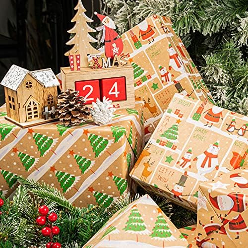 Papel de embrulho de Natal Ruspepa, papel kraft - Papai Noel, boneco de neve e árvore de Natal - 4 rolos - 30 polegadas