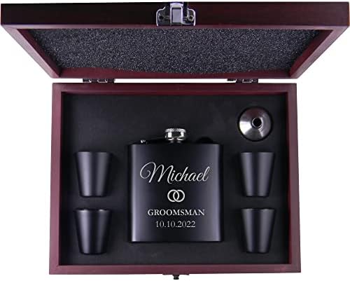 Groomsman personalizado/Best Man Flask Gift Set, funil, óculos de tiro, Caixa de presente de acabamento de pau -rosa