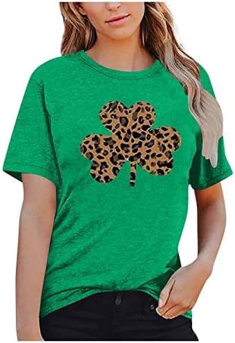 Happy St Patrick's Day Shirt for Women Clover & Leopard Graphic Print Summer Summer Athletic Manuve Manuve Round Neck Tops