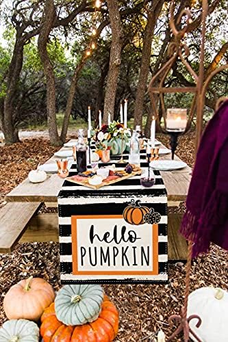 Sambosk Fall Hello Hello Pumpkin Table Runner, Autumn Farmhouse Stripe Table Runners para café para jantar de cozinha ou festas em casa internas e externas decoração 13 x 72 polegadas SK005