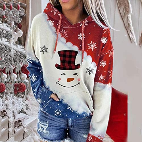 Arystk Christmas Fashion Feminino Capuz Feliz Natal Vinho de vinho tinto com capuz Contraste Contraste Tops de camiseta