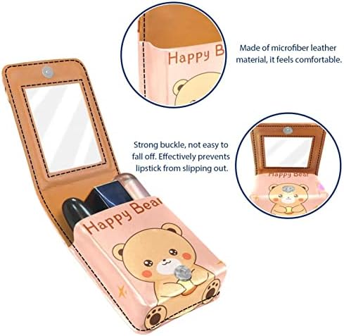 Mini maquiagem de Oryuekan com espelho, bolsa de embreagem Caixa de batom de Leatherette, Cartoon Animal Bear Happy