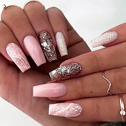 Mlovew 24pcs Pressione em unhas médias, com pregos de unhas em pó de champanhe espumante, unhas falsas, auto-adesivo rosa