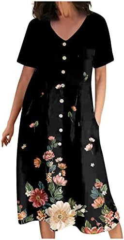 Vestidos de primavera feminina qfvzhy 2023 Botão de impressão floral casual V vestidos de linho de algodão curta de