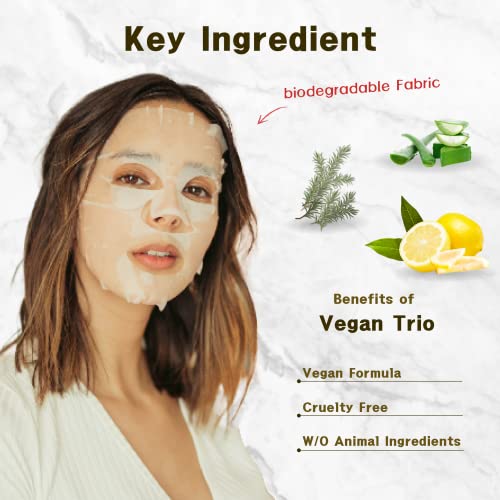 Máscaras de lençóis faciais veganos Purederm - aloe, tea árvore, vitamina - máscaras faciais para a pele para a pele seca, desidratada