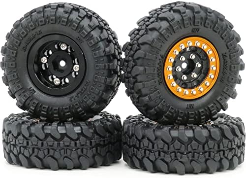 Hobbysoul 1:24 Rodas e pneus, 1/24 pneus montados em 1,0 rodas de beadlock Black Orange Peso: 33g, para 1:24 RC Crawler Axial