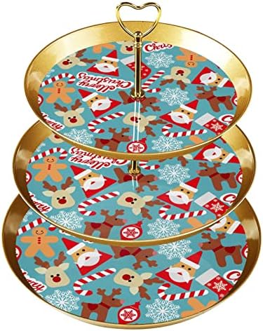 Torre de suporte de cupcakes de plástico de 3 camadas com bandeja de porção em camadas, árvore de torre de cupcakes dourados, Feliz Natal Papai Noel Elk Sobert Display para Candy Fruit Donuts Cake