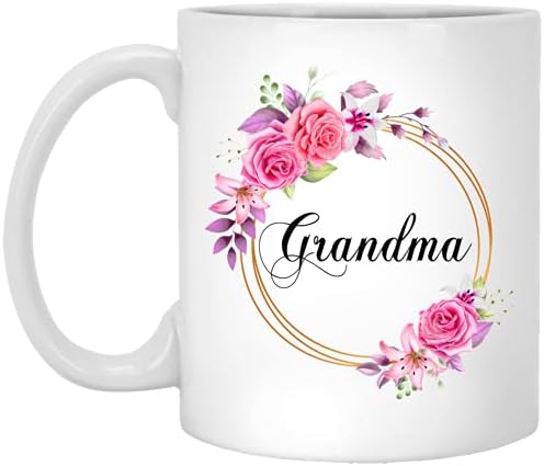 Gavinsdesigns Grandma Flor Novelty Coffee Caneca Presente para o Dia das Mães - Vovó Pink Flowers On Gold Frame - Nova Vovó Flor - Presentes de Aniversário para Vovó - Vovó Coffee Caneca 11oz