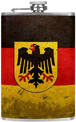 Balão de quadril para bebidas inoxidáveis ​​à prova de vazamento de aço inoxidável com funil 7,7 oz de couro, ótima ideia de presente de frasco - logotipo da bandeira da Alemanha