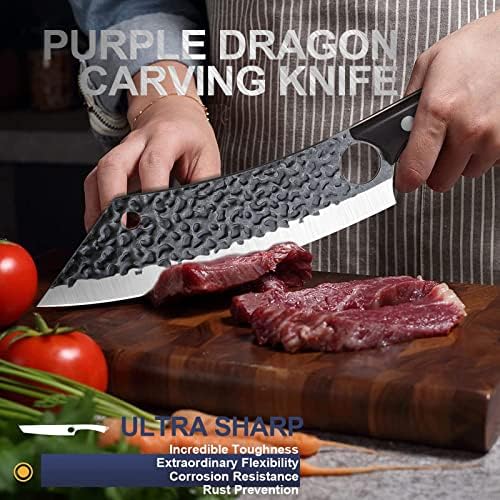 Dragão roxo Cleaver de carne japonesa de 8 polegadas Ultra Sharp Butcher Faca para Corte vegetais de carne com orifício de mão Faca forjada de mão cozinhando faca de aço de alto carbono Cleaver