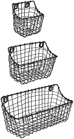 Crafkart com fio de 3 conjuntos de cesta de parede suspensa para armazenamento, cestas de arame de aço resistente ao montamento de parede, prateleiras de parede de gabinete de gabinete de metal, decoração de casa de fazenda rústica, organizador de banheiro da cozinha, preto industrial