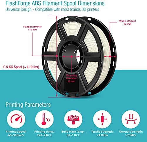 FlashForge D-Series ABS 3D Filamento de impressora, 1,75 mm, 0,5 kg de bobo, precisão fresca e dimensional garantida +/-