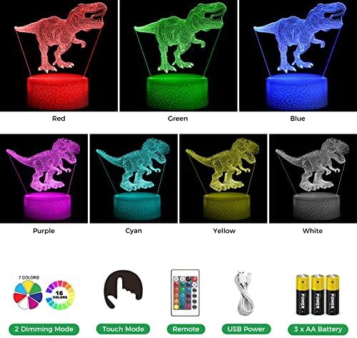 UIVEW DINOSAUR Night Light for Kids, Lâmpada de Ilusão 3D de 16 cores T-Rex com 2 padrões e toque inteligente remoto,