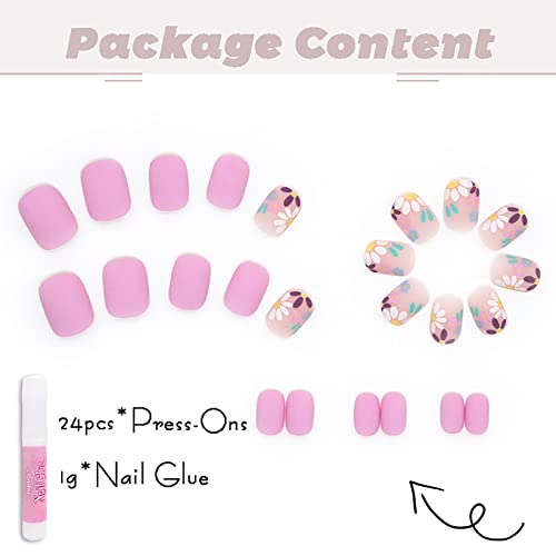 Ezpieces French Dip Press em unhas curtas com dsigns de flores, unhas falsas foscas foscas rosa em forma de cola de unha, cola