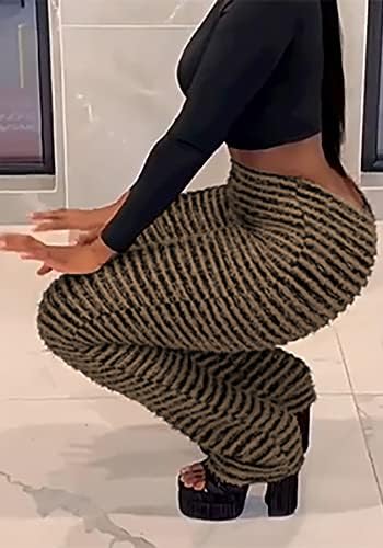 Calça de leggings empilhados para mulheres Molisry malha de malha de malha de cintura alta listrada com borla listrada Fuzzy