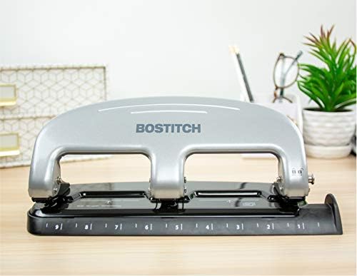 Bostitch Office EZ Squeeze Puncinho de 3 buracos, capacidade de 20 folhas, esforço reduzido, nenhuma tecnologia de jam, prata