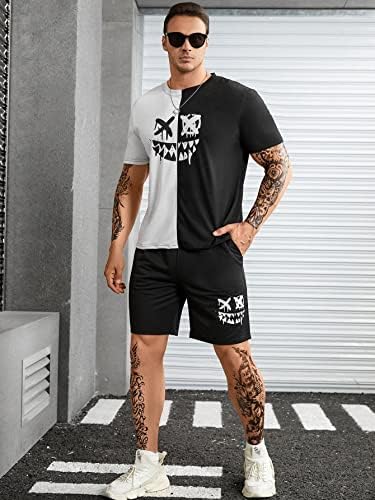 Roupas de duas peças para homens desenhos animados gráficos de dois tons e shorts de cintura de cordão