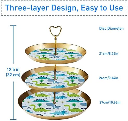 Stand de cupcakes de 3 camadas, torre de exibição de cupcakes de pastelaria, torre de sobremesa que serve prato para o aniversário de aniversário de aniversário decoração de dinossauros de desenho animado