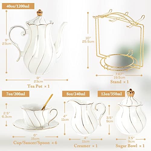 DUJUST 22 PCS PORCELA BRANCO DE TEA PARA 6, Luxo British Style Style Cea/Coffee Cup com acabamento dourado, lindo conjunto de chá