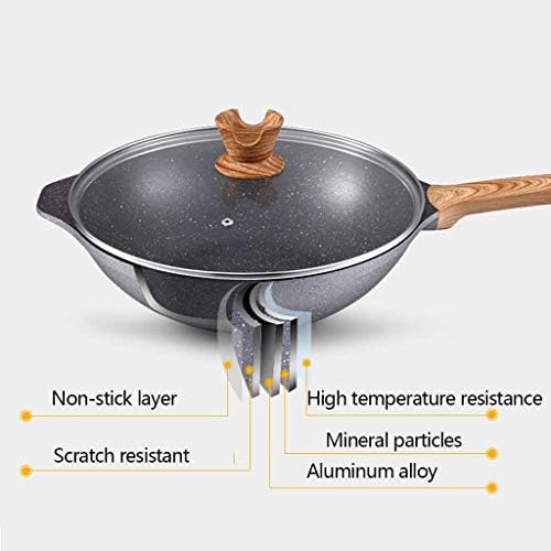 Gydcg com capa non stick wok, maifan stone wok frigideira churrasco wok não revestido sem óleo fumaça a gás duplo uso duplo