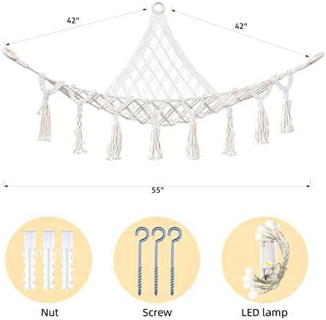 Qinaoco de animais de pelúcia ou rede, hammock de brinquedos de armazenamento de animais de pelúcia Jumbo com luzes, boho pendurado