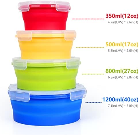 Contêiner de armazenamento de alimentos dobráveis ​​de silicone xsuper, conjunto de 4 redondo caixa de refeições de recipiente de recipiente de refeição de silicone de 4 redondos com tampas aéreas livres de BPA, microondas, lava -louças e seguro de freezer