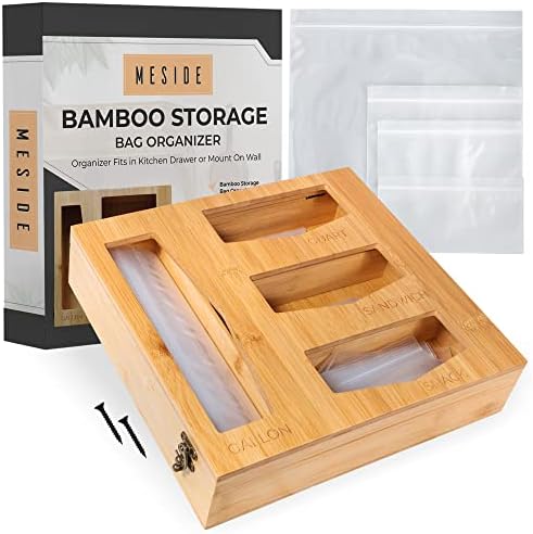 Meside Bamboo Ziplock Bag Organizador - Organizador de saquinhos para gaveta, lanche, sanduíche, quart e galão Bolsas de trava zip - conjunto de 20 sacos em cada tamanho - Organizador se encaixa na gaveta da cozinha ou montagem na parede na parede