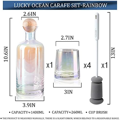 Lucky Ocean Glass Pitcher com tampa, arremessadora de água quente/fria, com 4 copos de água e 1 xícara de escova, cafeta de cristal sem chumbo, bebida caseira, chá de gelo, leite, café, servindo vinho