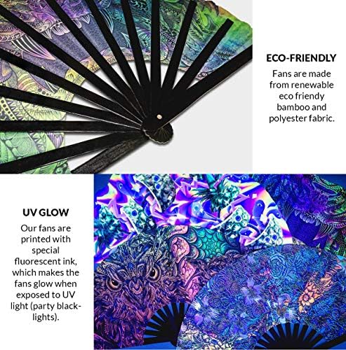 Hypnotiq Classy Hand Fan Gold Rave Fan Festival Festival Grande Fã de Mão Bambu Classy Gift UV Glow Hand Fan