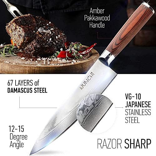 Conjunto de faca Chef e Nakiri, Chef de aço inoxidável japonês VG -10 Japanese de 8 polegadas, mais um Nakiri de 7 polegadas com alças de Pakkawood - Profissional, facas de cozinha japonesas Damasco para chefs, cozinheiros domésticos