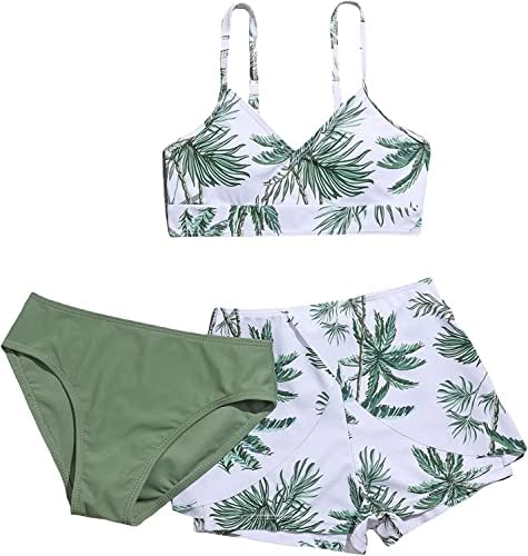 Impressão tropical de 3 peças da garotinha Vijino de biquíni com cintura alta com shorts de biquíni com shorts de praia