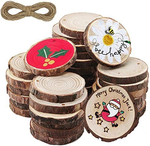 Fatias de madeira natural de Atdawn com orifícios, 30 PCs inacabados círculos de madeira, kit de madeira artesanal, ornamentos
