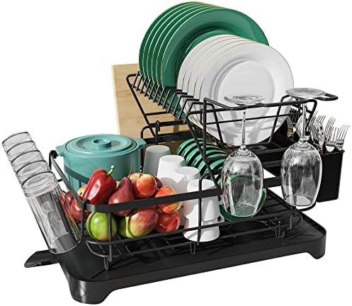 Rack de secagem de pratos grandes do Rottogoo, rack de prato de aço inoxidável de duas camadas para balcão de cozinha, esgotador de prato durável com drenboard, suporte de utensílio, porta-copos, porta de vidro, suporte para tábua, preto