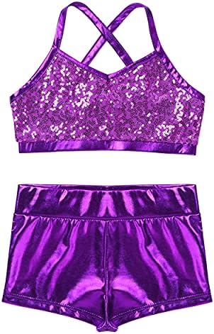 Jowowha Kids Girls 2pcs ginástica balé jazz hip hop dança de dança de lantejoulas com shorts atléticos de shorts