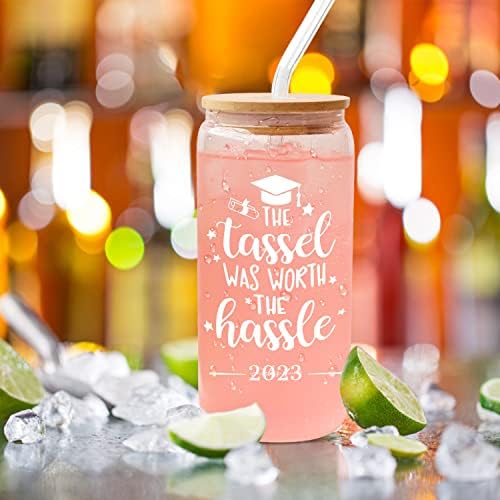 Presentes de graduação, presentes de graduação para ela 2023 - Decorações de graduação Class de 2023 - A borla valia a pena - Presentes para estudantes universitários Novo trabalho Parabéns presentes - 18oz Can Glass