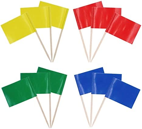 Sinalizando 144pcs de sinalizadores vermelhos, azul, amarelo e verde puro 4 tipos de mini bandeiras decorativas de cor sólida, decoração de bolo de coquetel de festa temática